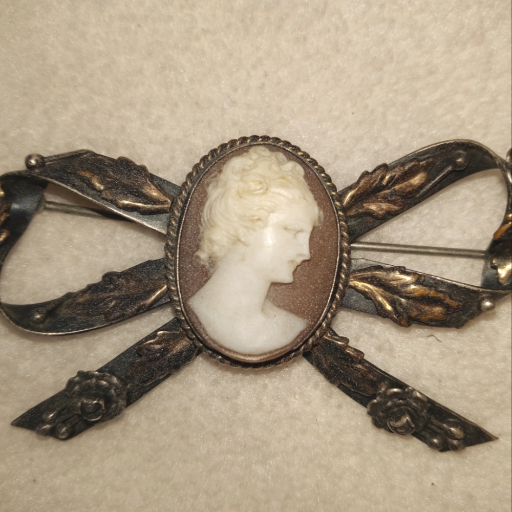 1940s Hobe Cameo Sterling & Gold Bow Brooch